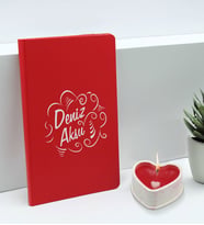 BK Gift Kişiye Özel İsimli Kırmızı Defter ve Kalp Taş Obje Kokulu Mum Hediye Seti-5, Sevgiliye Hediye, Arkadaşa Hediye