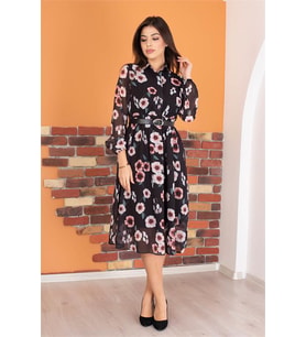 Neşeli butik kadın gömlek yaka kemerli çiçek desenli şifon elbise RY0031 (Mor)