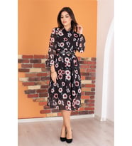 Neşeli butik kadın gömlek yaka kemerli çiçek desenli şifon elbise RY0031 (Mor)