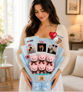 Kişiye Özel 3 Fotoğraflı 6 Peluş Ayıcıklı Buket Kalp Balonlu ve İyi Ki Varsın Stickerlı Mavi Hediye Buketi