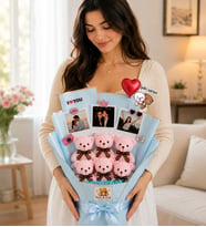 Kişiye Özel 3 Fotoğraflı 6 Peluş Ayıcıklı Buket Kalp Balonlu ve İyi Ki Varsın Stickerlı Mavi Hediye Buketi