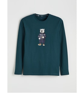 LC WAIKIKI Petrol Bisiklet Yaka Ayı Teddy Baskılı Erkek Pijama Üst