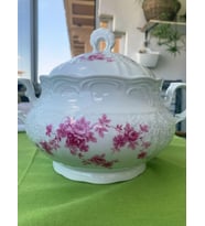 Antika Bavaria Germany Pembe Çiçek Desenli ve Rölyefli Shabby Chic Zarif Alman Porseleni Tencere (Pembe-Beyaz)