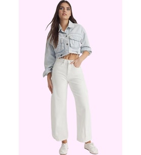 Kadın Yüksek Bel Geniş Paça Denim Pantolon Pamuk Günlük Stil Hafta Sonu Yaz Aylarının Vazgeçilmezi (Beyaz)