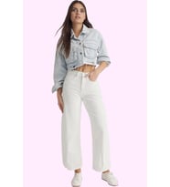 Kadın Yüksek Bel Geniş Paça Denim Pantolon Pamuk Günlük Stil Hafta Sonu Yaz Aylarının Vazgeçilmezi (Beyaz)