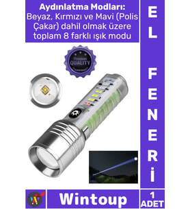 #ElFeneri Mıknatıslı Oto TG LED Güçlü 8 Modlu Type C 1000 Lümen Polis Çakarlı Şık Şarjlı El Feneri