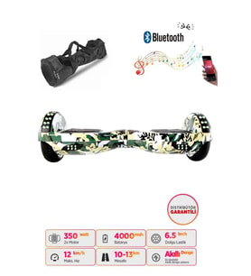 Citymate Hoverboard Elektrikli Kaykay Full Ledli  Bluetooth Hoparlörlü 6.5 Inch Çanta Hediyeli Yeşil Kamuflaj D07