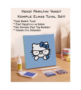 Taşlı Elmas Mozaik Tuval Seti - Mavi Fonlu Gözlüklü Kedi