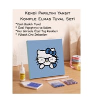 Taşlı Elmas Mozaik Tuval Seti - Mavi Fonlu Gözlüklü Kedi