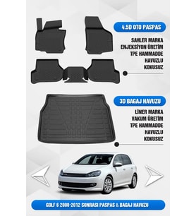 Volkswagen Golf 6 2008-2012 Uyumlu 4.5D Premium Havuzlu Oto Paspas ve Liner Bagaj Havuzu
