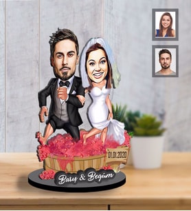 Kişiye Özel Gelin Damat  Karikatürlü İki Katmanlı Ahşap Biblo  Mod-4-Eco