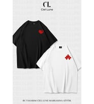Unisex Kadın Erkek Heart Puzzle Baskılı Sevgili Çift Kombini Tasarım Oversize T-shirt 2'li Set (Beyaz)
