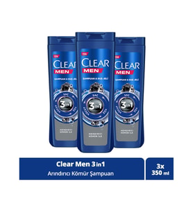 Clear Men 3 in 1 Şampuan & Duş Jeli Arındırıcı Kömür Saç Yüz Vücut İçin 350 ml x 3