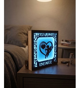 Kişiye Özel İsimli Melek ve Kalp Temalı LED Gece Lambası (Mavi)