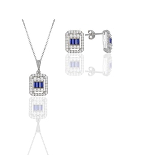 Söğütlü Silver Gümüş beyaz altın rodyumlu baget kesim safir taşlı çizgili ikili set