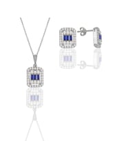 Söğütlü Silver Gümüş beyaz altın rodyumlu baget kesim safir taşlı çizgili ikili set