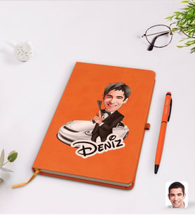 BK Gift Kişiye Özel Erkek Ajan Karikatürlü Turuncu Termo Deri Defter Kalem Seti Model 1