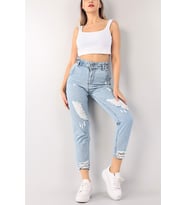 Enough Beli Lastikli Lazer Kesim Bayan Kot Pantolon (Mavi)