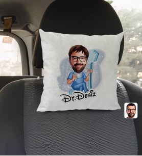 BK Gift Kişiye Özel İsimli Erkek Diş Hekimi Karikatürlü Kare Araç Koltuk Yastığı-2