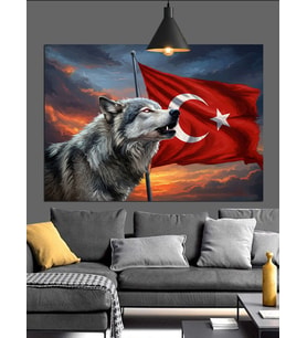 Türk Bayrağı Önünde Kurt Dekoratif Kanvas - Mdf Ahşap Tablo
