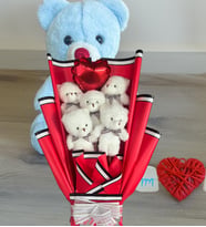 Premium 35 cm Peluş Ayı ve Kalp Balonlu Romantik Kırmızı Peluş Ayıcık Buketi (Açık Mavi)