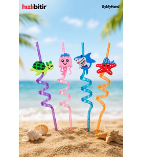 ByMyHand Plastik Kıvrımlı Renkli Karışık Figürlü 4'lü Pipet Set (Karışık Renk ve Model)