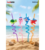 ByMyHand Plastik Kıvrımlı Renkli Karışık Figürlü 4'lü Pipet Set (Karışık Renk ve Model)