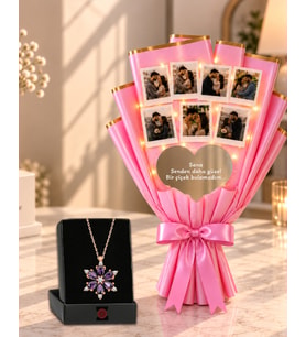 Kalp Aynalı Kişiye Özel 7 Fotoğraflı Pembe Buket Fotoğraf Buketi Ayna Buketi Ve Lotus Kolye