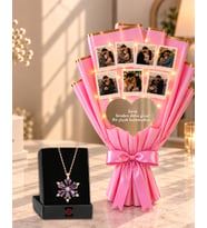 Kalp Aynalı Kişiye Özel 7 Fotoğraflı Pembe Buket Fotoğraf Buketi Ayna Buketi Ve Lotus Kolye