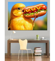 Hot Dog Yiyen Sarı Civciv Figürü Dekoratif Kanvas - Mdf Ahşap Tablo