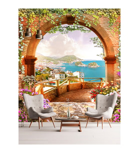 Dreamwall Şehir Ve Deniz Manzaralı Teras Desenli  Sağlıklı Tekstil Duvar Kağıdı (Çok Renkli)