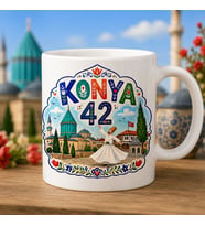 Konya 42 Renkli Halk Sanatı Tasarımlı Baskılı Kupa, Mevlana Semazen Tarihi Evler ve Anadolu Motifli Memleket Hediyesi