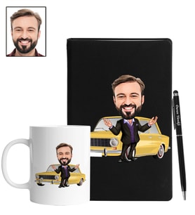 Kişiye Özel Araba Tasarımlı Karikatür Siyah Defter Kalem Kupa Seti 83