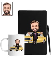 Kişiye Özel Araba Tasarımlı Karikatür Siyah Defter Kalem Kupa Seti 83