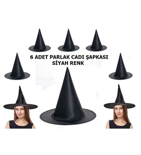 Halloween Siyah Renk Parlak Dralon Cadı Şapkası Yetişkin ve Çocuk Uyumlu 6 Adet