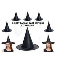 Halloween Siyah Renk Parlak Dralon Cadı Şapkası Yetişkin ve Çocuk Uyumlu 6 Adet