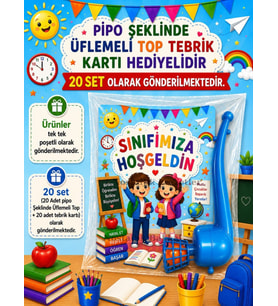 20 Adet Okula Yeni Başlayan Öğrencilere Hediye Seti Sene Başı Hatırası Pipo Şeklinde Üflemeli Top Tebrik Kartı Hediyeli