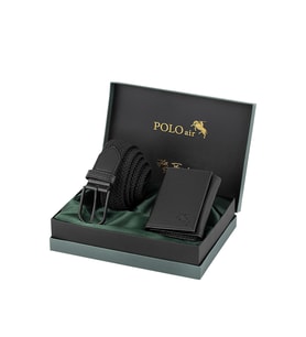 Polo Air Esnek Örgü Kemer Mıknatıslı Cüzdan Erkek Kombin Set Siyah Renk M-05-S