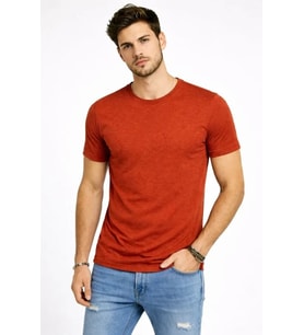 Erkek Flam Kumaş Melanj Dokulu Regular Fit Tişört Bisiklet Yaka Yazlık T-Shirt - Kiremit