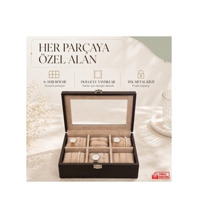 Şık 6'lı saat ve takı kutusu, kahverengi deri, camlı ve yastıklı 25x17.5 cm