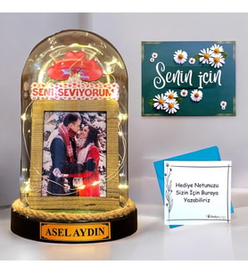 Kişiye Özel Hediye Seti  Işıklı Fotoğraflı ve Size Özel İsimli Fanus  SENİ SEVİYORUM