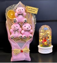 Kişiye Özel İsimli Büyük Boy 3'lü Ayıcık Buketi & Led Işıklı Fanus  Pembe Peluş Ayıcık Buketi (Model 7)