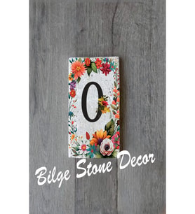 Bilge Stone Decor Doğal Taş Kapı Numarası, Uv Baskılı Kapı Numarası 7,5x15cm - Numara 0 (Çok Renkli)