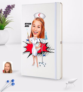BK Gift Kişiye Özel Hemşire Karikatürlü Beyaz Termo Deri Defter 16x24cm Model 2