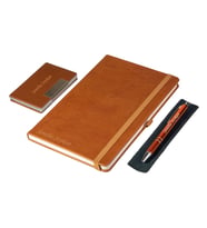 Kişiye Özel Lastikli Deri Defter, Kalem ve Kartvizitlik Seti - Taba