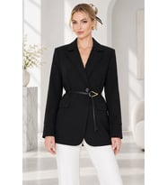 Kadın Astarlı Garni Kol Detaylı Kemerli Blazer Ceket - Kuşaklı Şık Ceket - Siyah