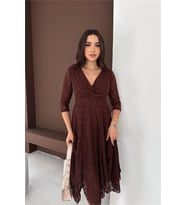 kadın kahverengi kruvaze yaka midi boy esnek kumaş dantel elbise