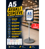 5 Adet - A5 Ayaklı Menü ve Fiyat Bilgi Standı Yuvarlak Tabanlı Teleskopik Çerçeve Etiketlik Siyah