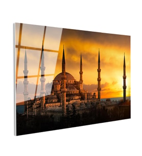 Tamperli Gerçek Cam Tablo Sultanahmet Camii Gün Batımı Silüeti Şehir Mimari Tablo Duvar Dekoru