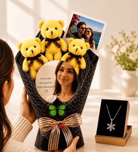 Kişiye Özel Fotoğraflı Aynalı Sarı Ayıcık Buketi ve Ametist Lotus Kolye Kadına Hediye